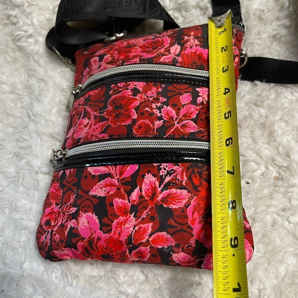 Betsey Johnson Nylon pink ,Red Flowers & skulls Small crossbody bag black trims - Picture 9 of 13